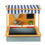 Children's wooden mud kitchen with striped awning