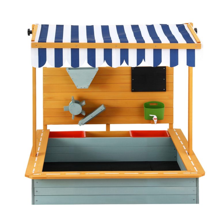 Children's wooden mud kitchen with striped awning