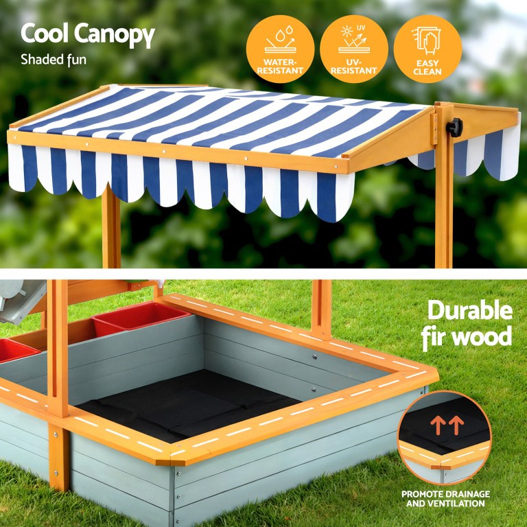 Wooden kids sandbox with striped canopy cover