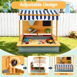 Adjustable children’s sandpit with striped canopy cover