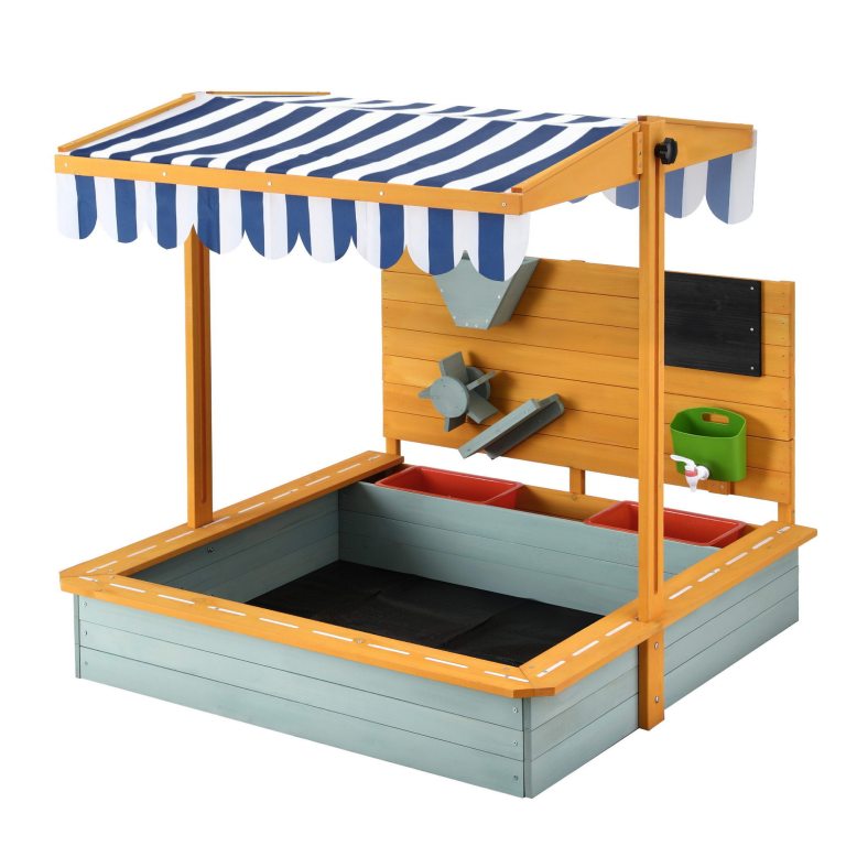 Wooden kids sandpit with striped canopy and accessories