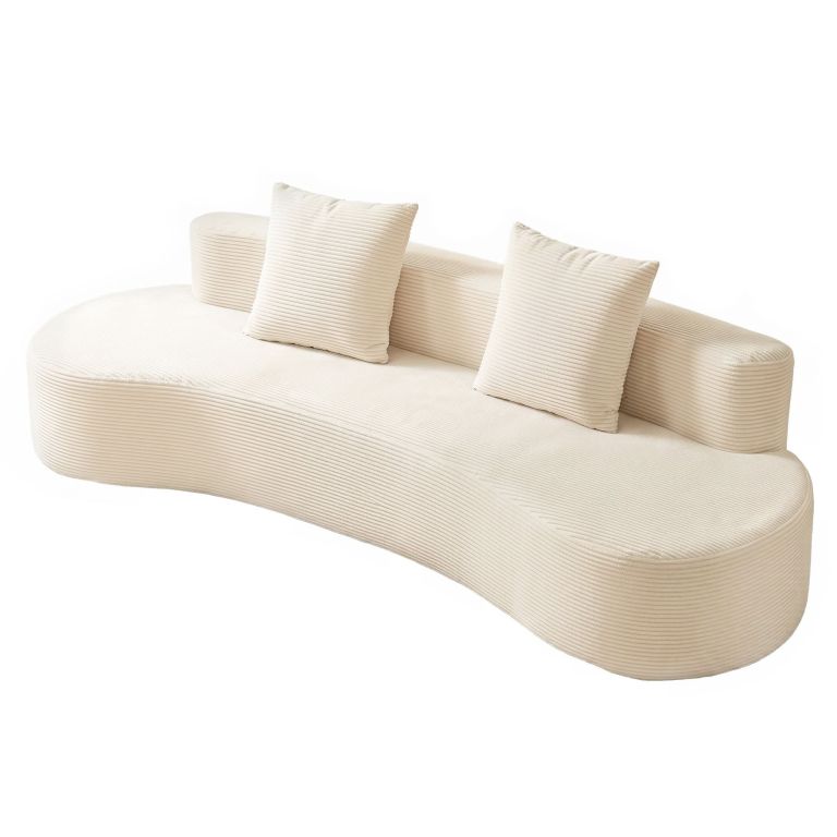 Curved cream ribbed sofa with two cushions