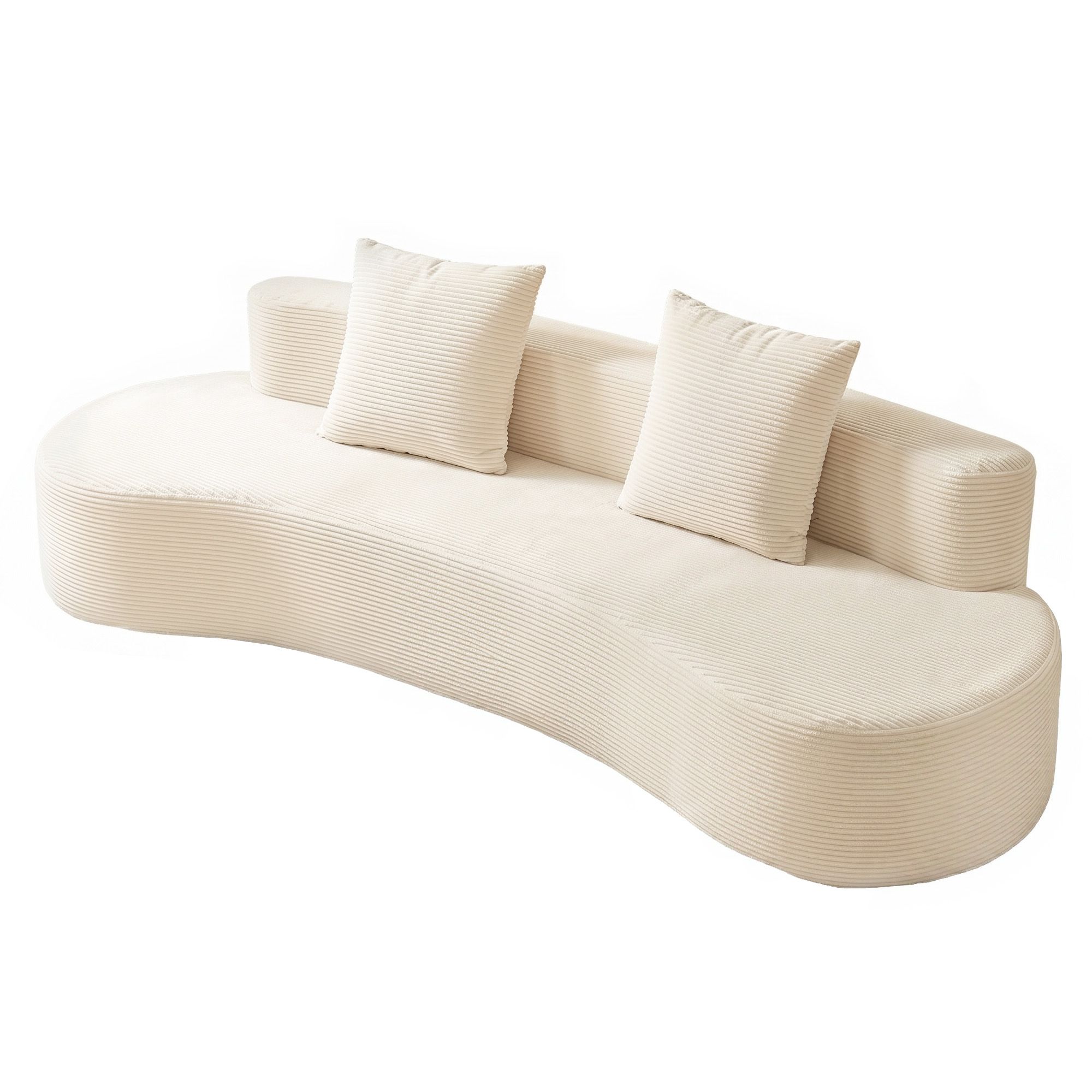 Curved cream ribbed sofa with two cushions