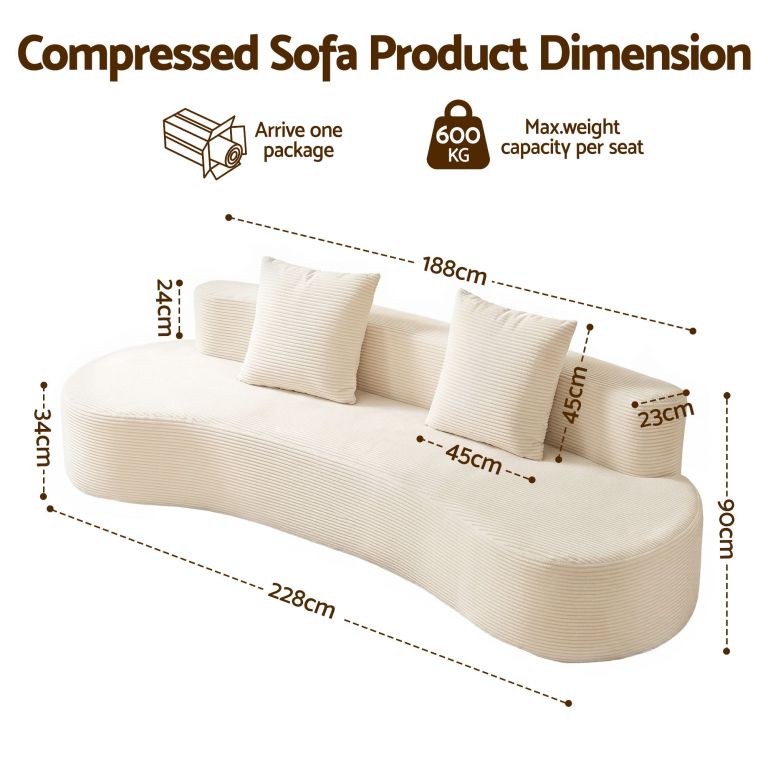 Compressed cream sofa with dimensions and weight capacity