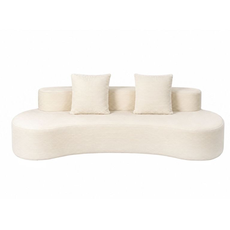 Cream ribbed curved sofa with two cushions