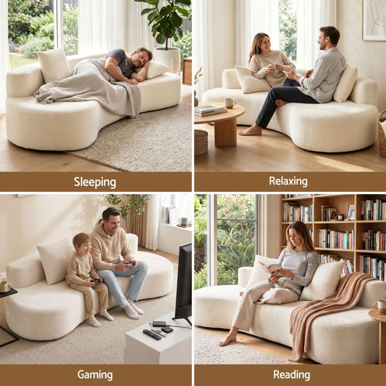 People sleeping, relaxing, gaming and reading on sofa