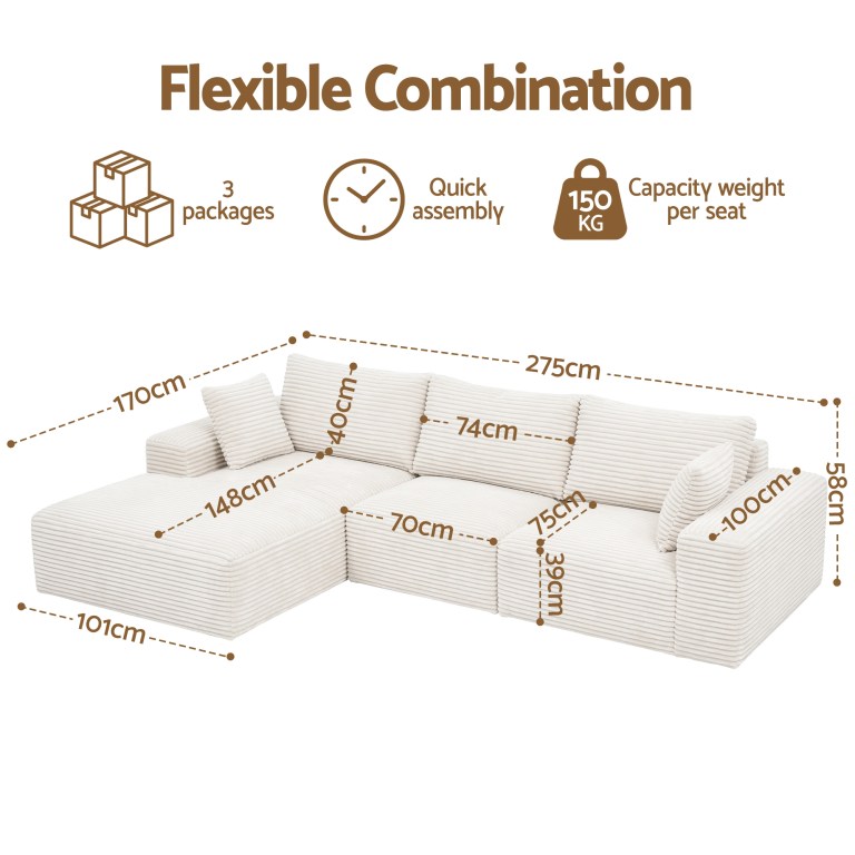 Modular cream sectional sofa with dimensions shown