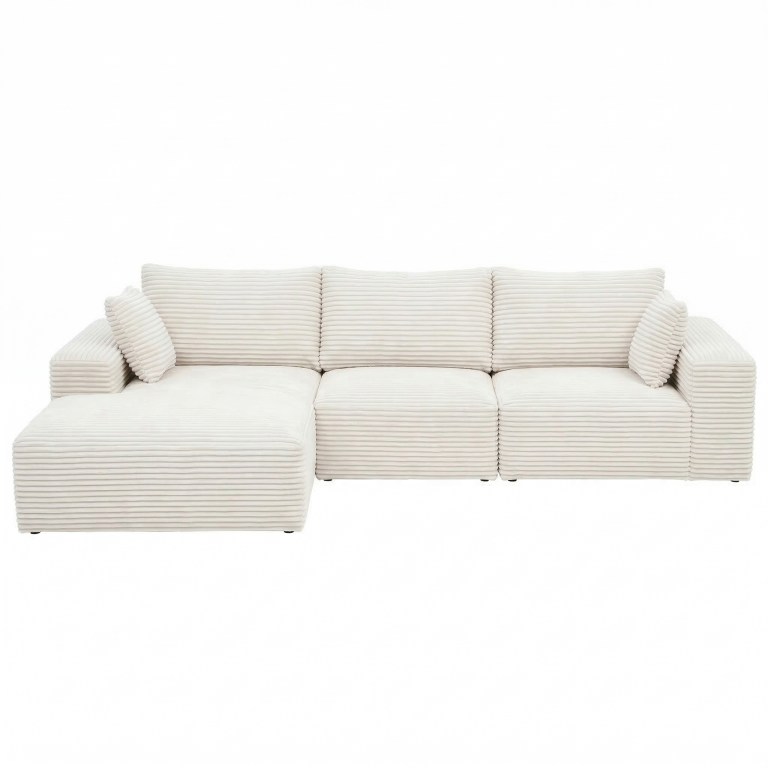 Cream ribbed fabric sectional sofa with chaise