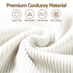 Premium corduroy fabric with softness and durability icons