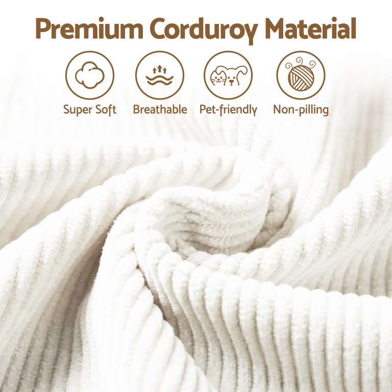 Premium corduroy fabric with softness and durability icons
