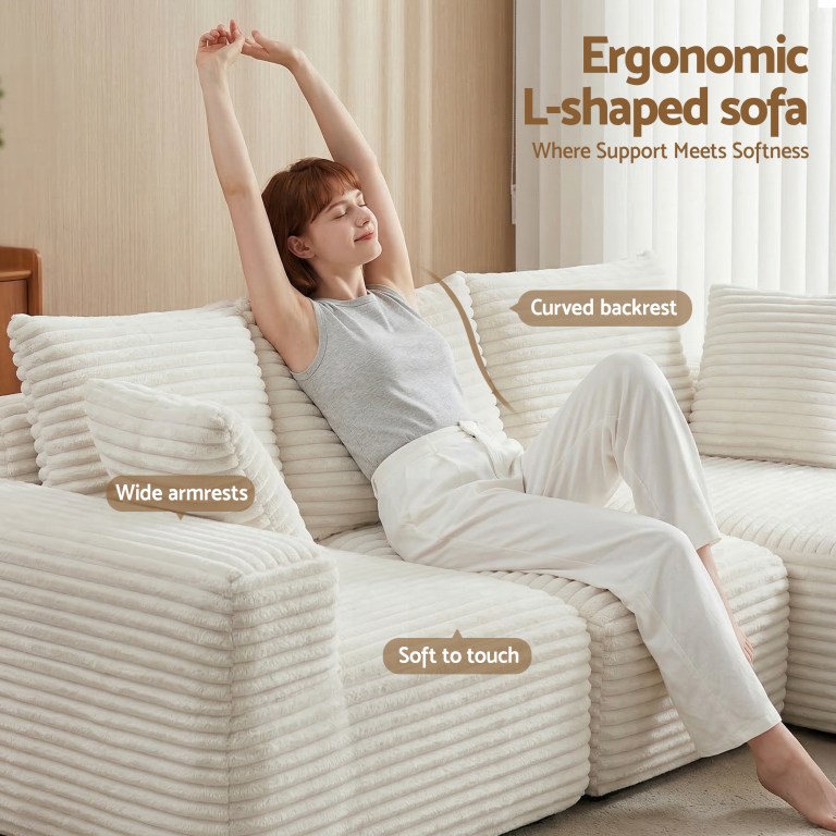 Woman relaxing on ergonomic L-shaped sofa