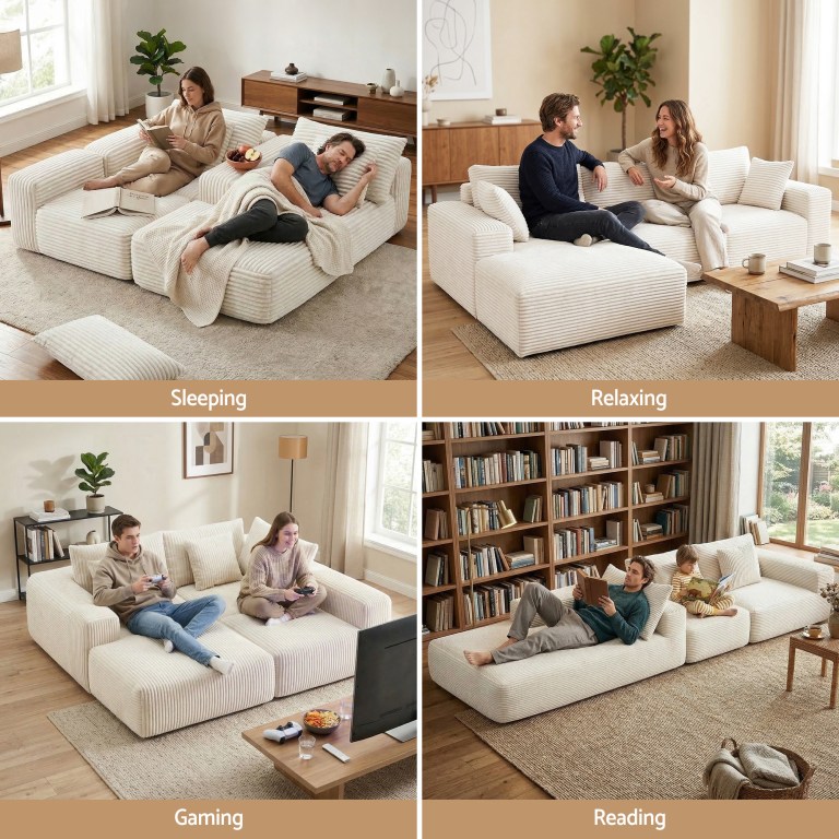 Modular cream sofa for sleeping, relaxing, gaming, reading