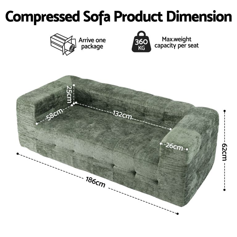 artiss comfort boneless sofa for living room green luxury chenille Green compressed sofa with labelled dimensions
