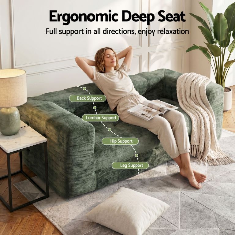 artiss comfort boneless sofa for living room green luxury chenille Woman relaxing on ergonomic deep seat sofa
