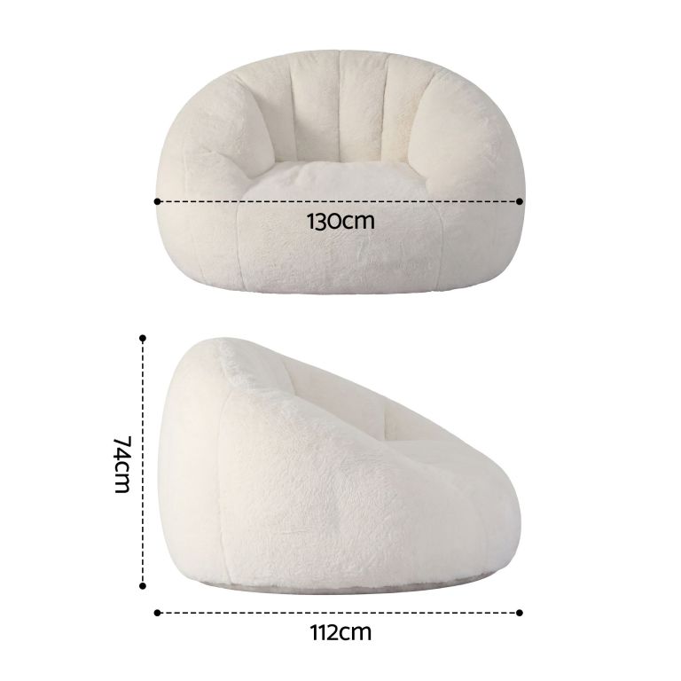artiss single small boneless couch comfy bean bag for living room faux fur white Cream plush curved sofa with dimensions labelled