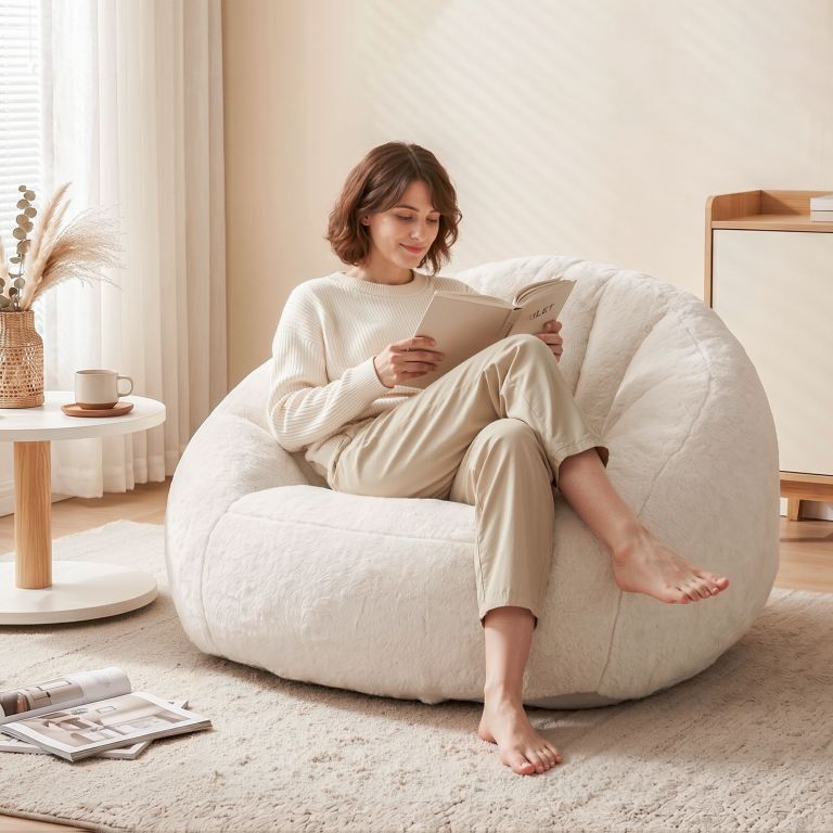 artiss single small boneless couch comfy bean bag for living room faux fur white Woman reading book in cosy living room