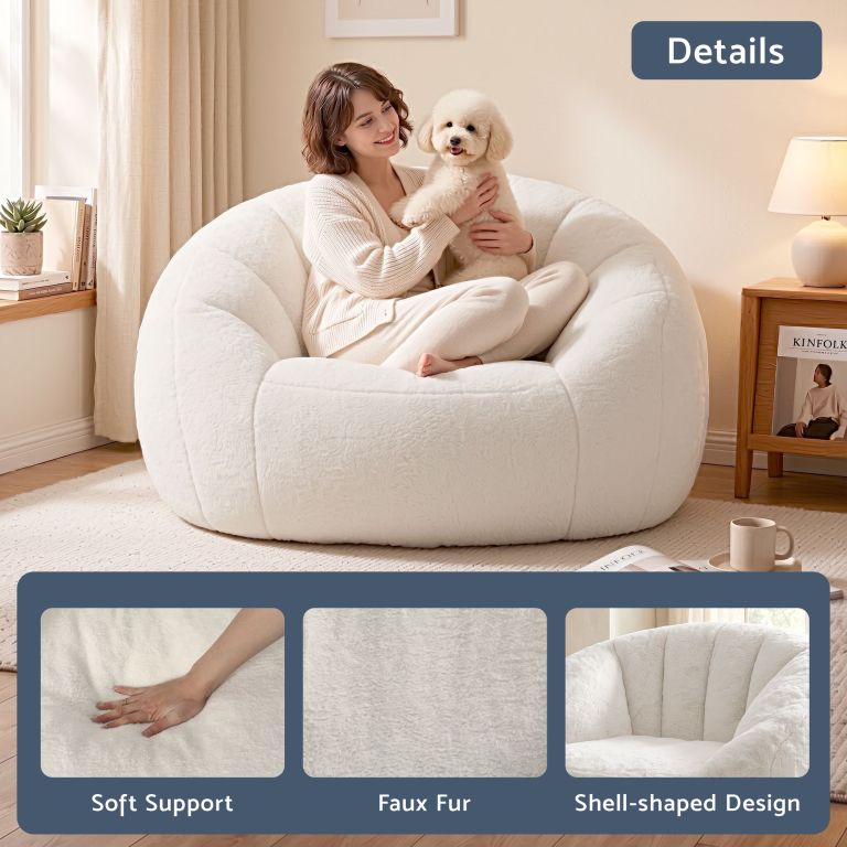 artiss single small boneless couch comfy bean bag for living room faux fur white Woman cuddling white dog on faux fur chair