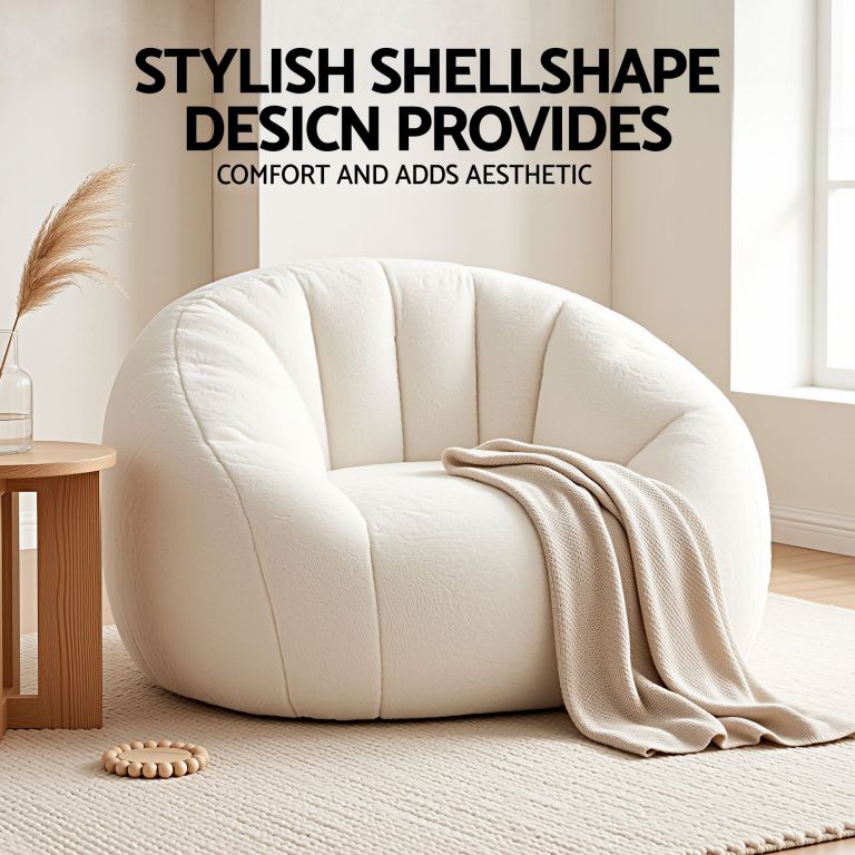 artiss single small boneless couch comfy bean bag for living room faux fur white Cream shell-shaped armchair in modern living room