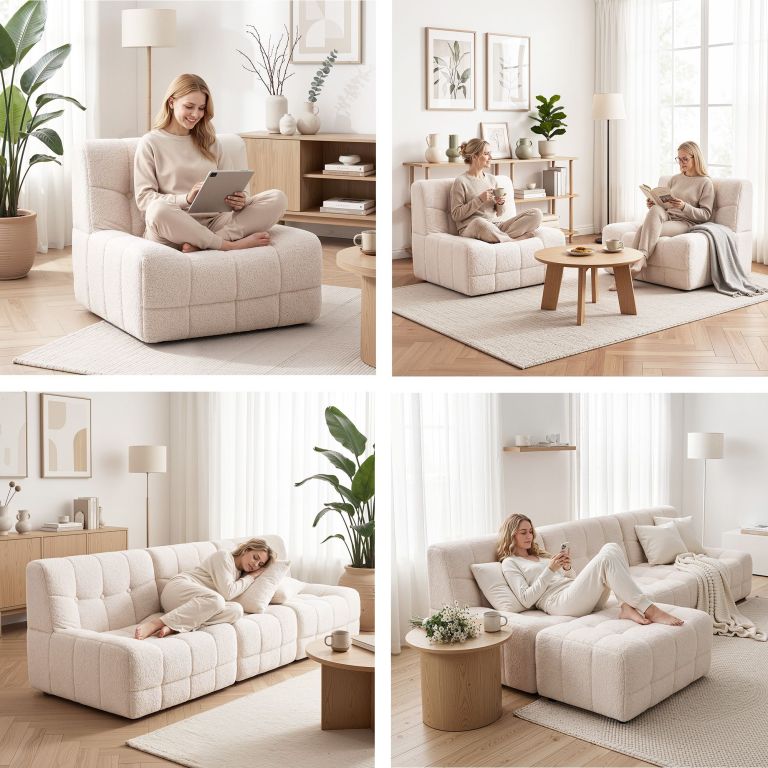 Woman relaxing on cream modular sofa in bright living room