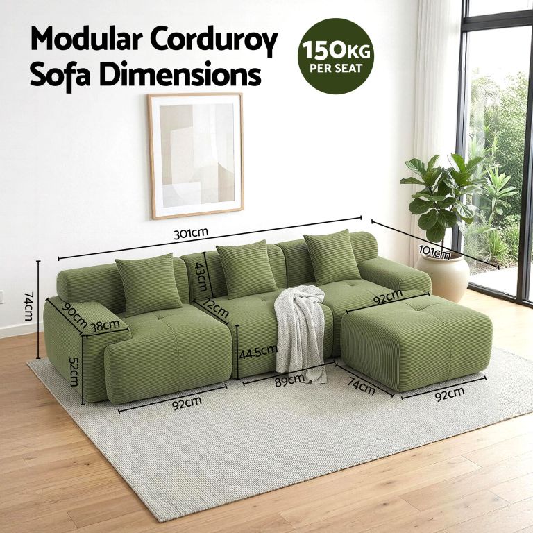 Green modular corduroy sofa with dimensions labelled