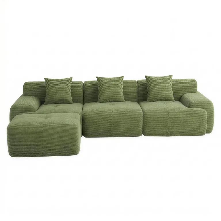 Green corduroy sectional sofa with matching cushions