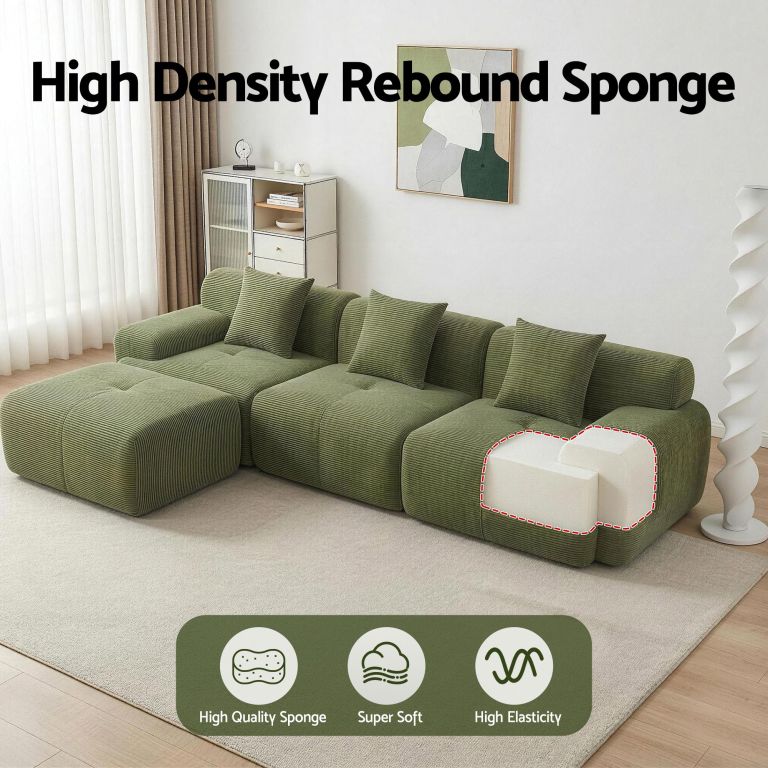 Green sectional sofa with high density foam