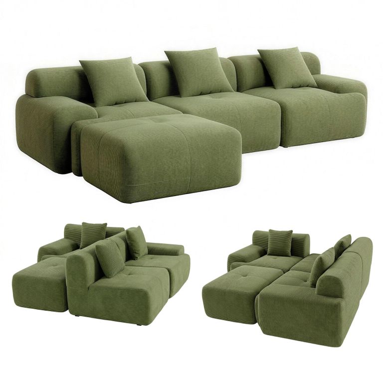 Green modular corduroy sectional sofa with cushions
