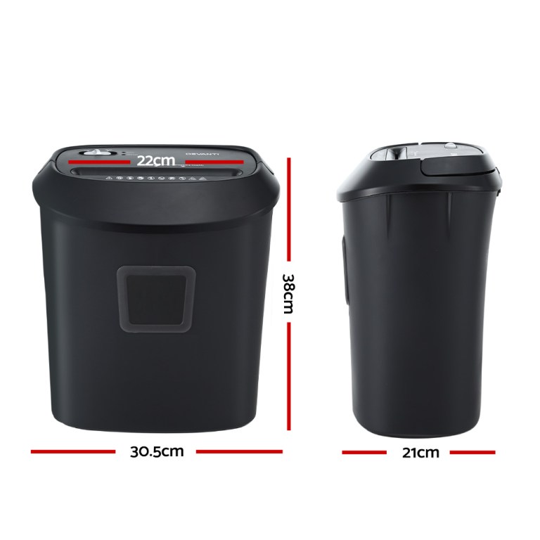 Black paper shredder with labelled dimensions