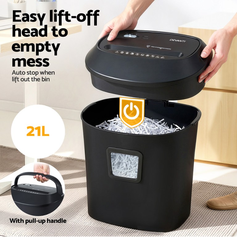 Black 21L paper shredder with lift-off head