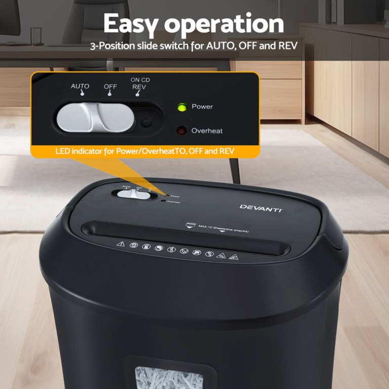 Devanti paper shredder control panel with slide switch