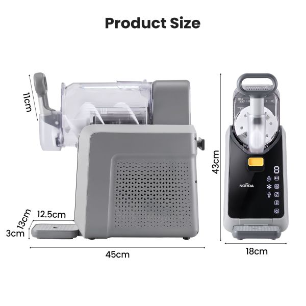 Countertop ice cream maker with labelled dimensions