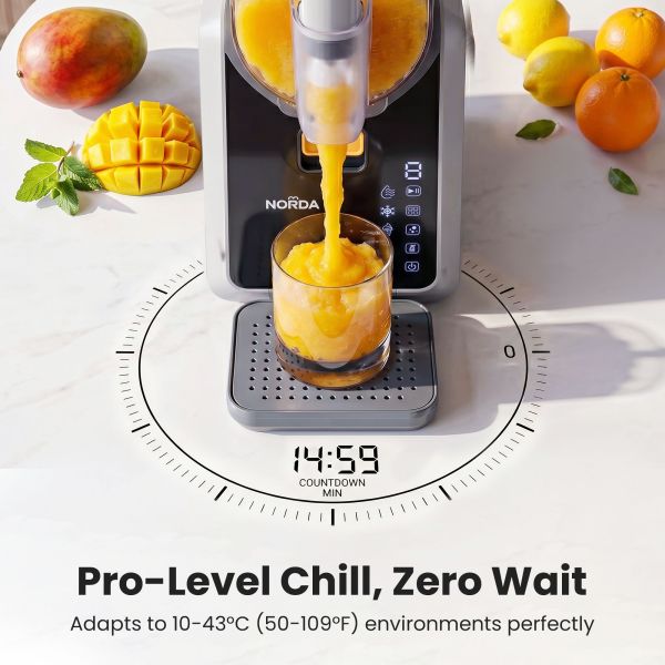 Frozen mango smoothie dispensing from countertop machine