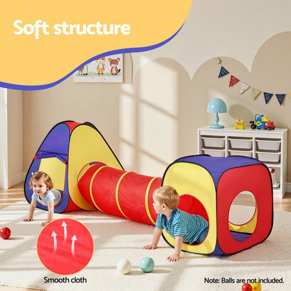 Toddlers crawling through colourful indoor play tunnel