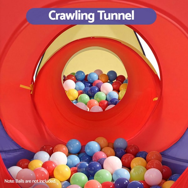 Red crawling tunnel filled with colourful plastic balls