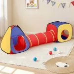 Colourful kids play tunnel and tents indoors