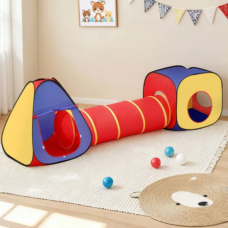 Colourful kids play tunnel and tents indoors