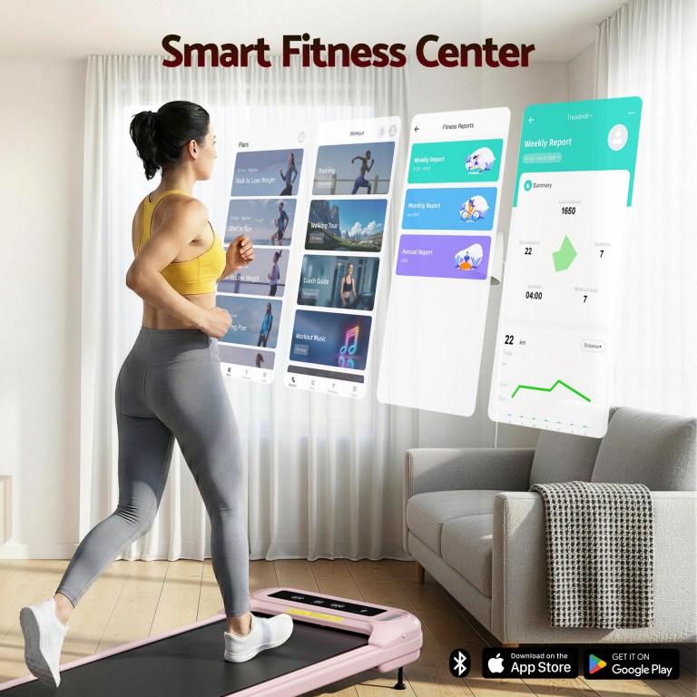 Woman using smart treadmill with virtual fitness app