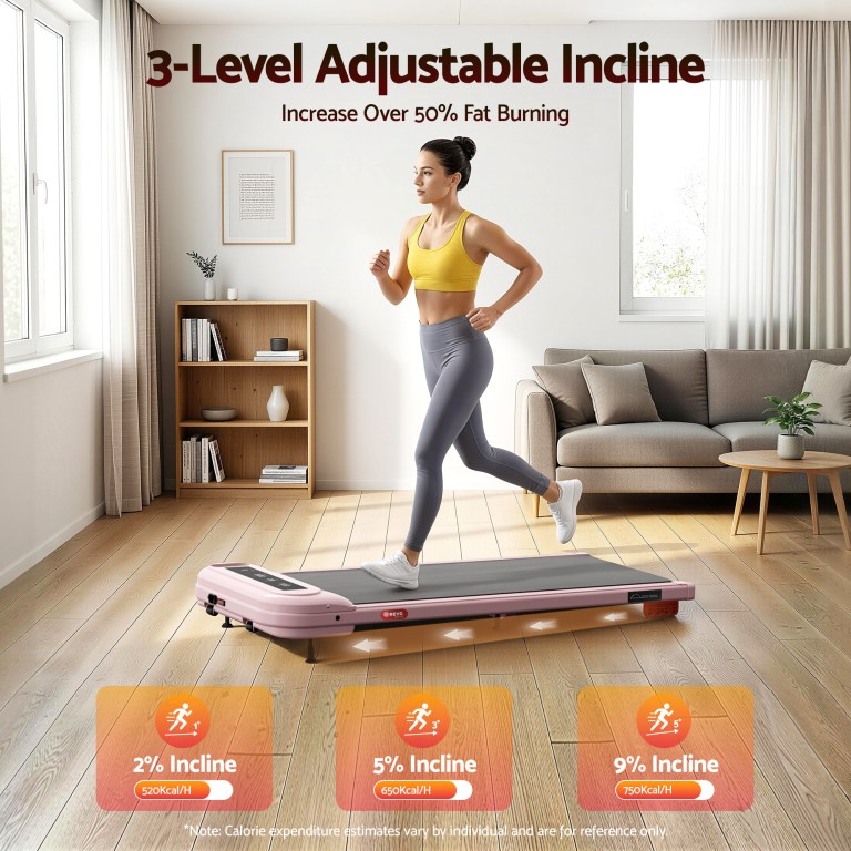 Woman using adjustable incline treadmill at home