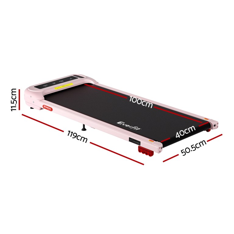 Pink compact treadmill with labelled dimensions
