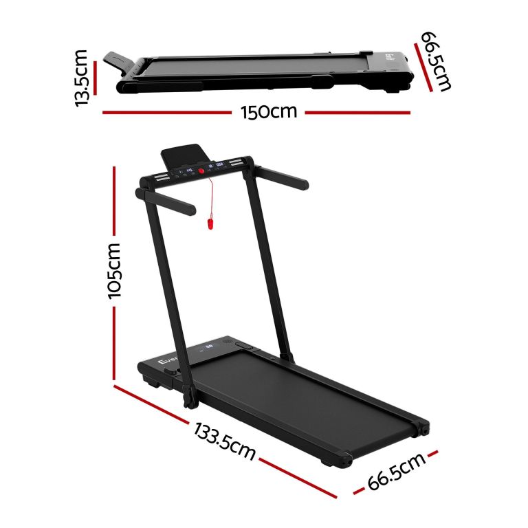 everfit 3 in 1 walking pad treadmill with led lights foldable under desk treadmills for home gym 40cm wide belt black Black folding treadmill with labelled dimensions
