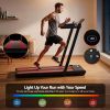 everfit 3 in 1 walking pad treadmill with led lights foldable under desk treadmills for home gym 40cm wide belt black Man running on LED-lit home treadmill