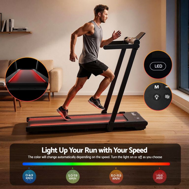 everfit 3 in 1 walking pad treadmill with led lights foldable under desk treadmills for home gym 40cm wide belt black Man running on LED-lit home treadmill