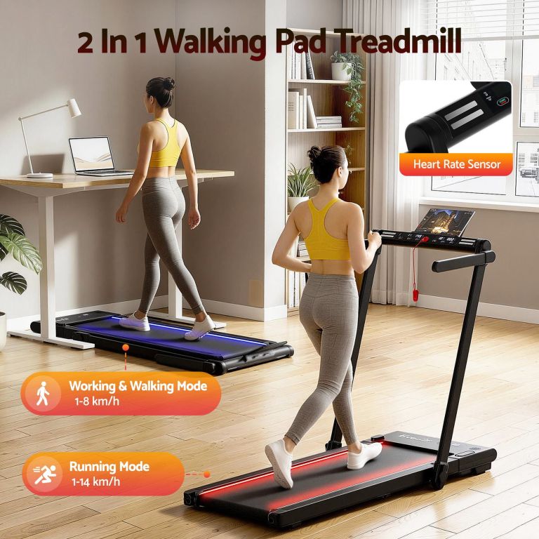 everfit 3 in 1 walking pad treadmill with led lights foldable under desk treadmills for home gym 40cm wide belt black 2-in-1 walking pad treadmill in home office
