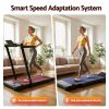 everfit 3 in 1 walking pad treadmill with led lights foldable under desk treadmills for home gym 40cm wide belt black Woman using smart treadmill in bright living room