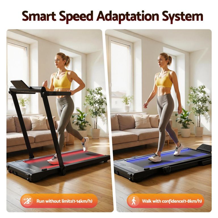everfit 3 in 1 walking pad treadmill with led lights foldable under desk treadmills for home gym 40cm wide belt black Woman using smart treadmill in bright living room