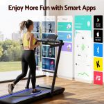 everfit 3 in 1 walking pad treadmill with led lights foldable under desk treadmills for home gym 40cm wide belt black Woman using smart treadmill fitness app indoors