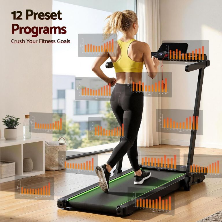 everfit 3 in 1 walking pad treadmill with led lights foldable under desk treadmills for home gym 40cm wide belt black Woman running on treadmill with fitness progress charts