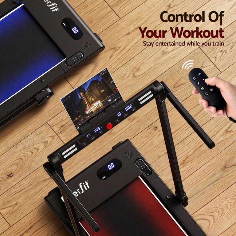everfit 3 in 1 walking pad treadmill with led lights foldable under desk treadmills for home gym 40cm wide belt black Treadmill with tablet and remote control