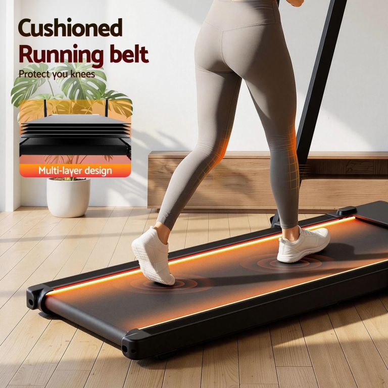 everfit 3 in 1 walking pad treadmill with led lights foldable under desk treadmills for home gym 40cm wide belt black Person walking on cushioned treadmill at home