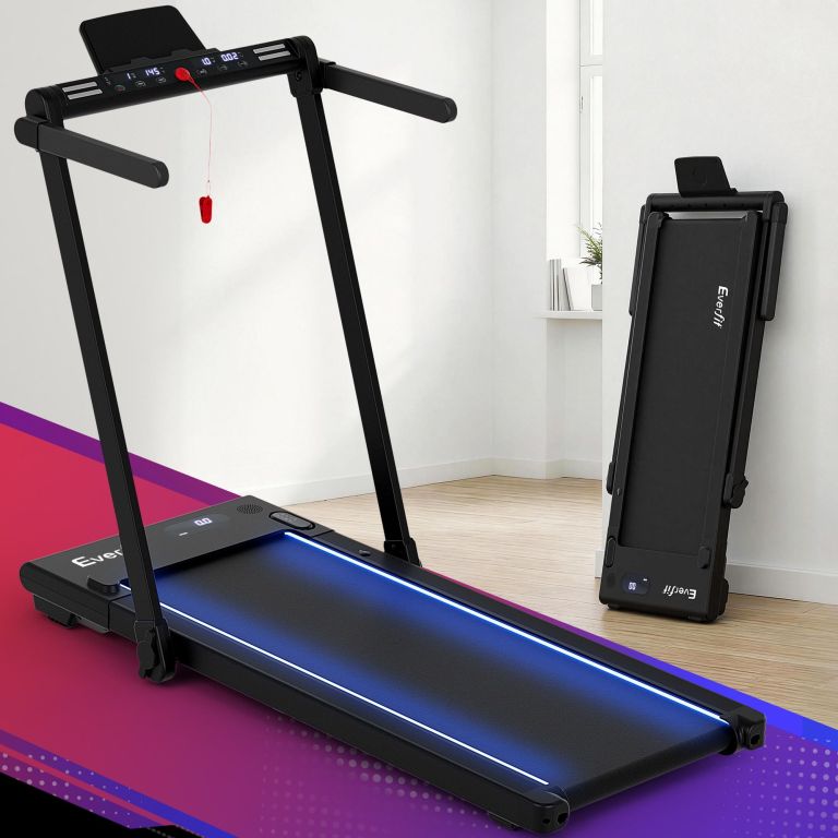 everfit 3 in 1 walking pad treadmill with led lights foldable under desk treadmills for home gym 40cm wide belt black Foldable home treadmill with LED display and handrails